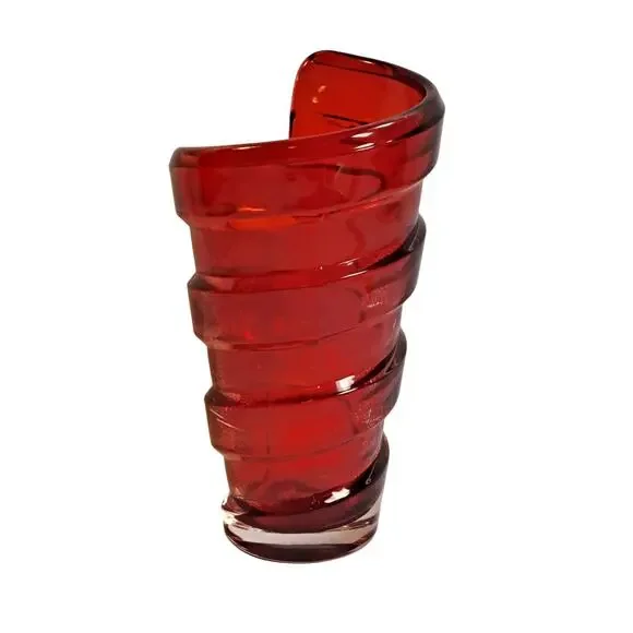 Vintage Ruby Red Spiral Swirl Art Glass Vase 9" Unmarked Centerpiece Flowers